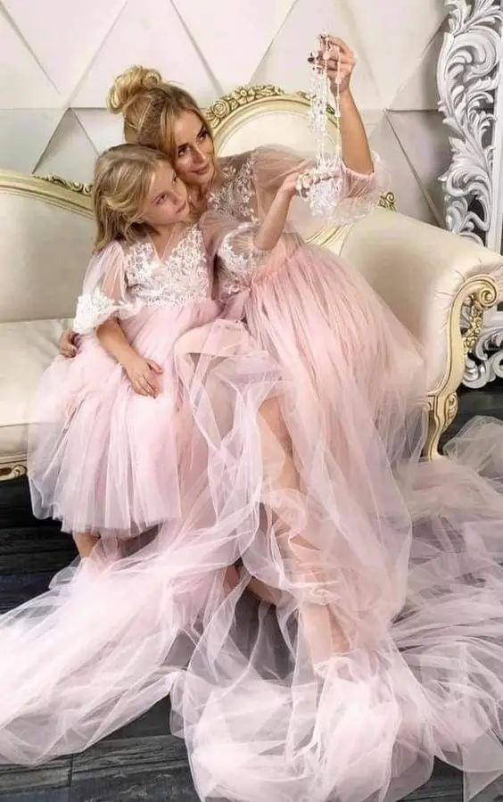 Baby Pink Applique Lace Tulle Mommy and Kids Dresses Blush FamilyLook Mother Daughter Matching Dress For First Birthday 2024