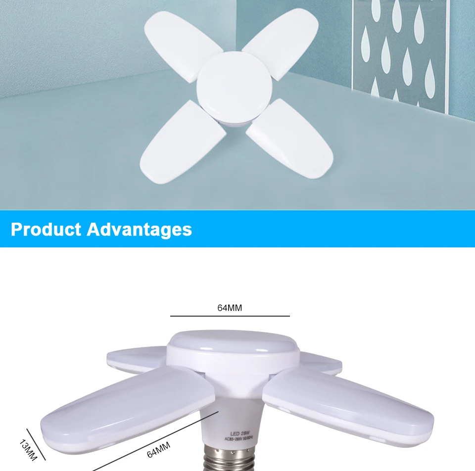 E27 AC220V LED 28W Bulb Fan Blade Timing Lamp Foldable Led Light Bulb Lampada Night Lights For Home Ceiling Light Lighting