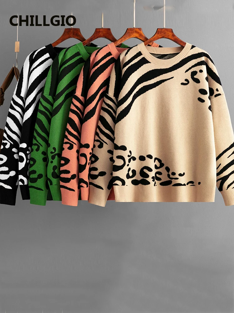 

CHILLGIO Women Leopard Print Knitted Sweater Elastic O Neck Long Sleeves Knit Tops Fashion Casual Autumn Winter Warm Pullovers