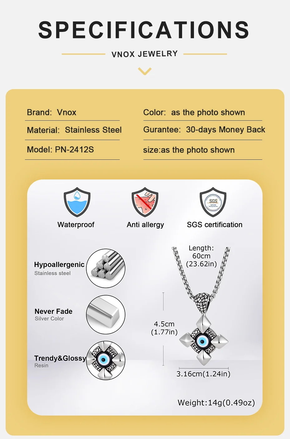 Vnox Halskette mit bösem Blick und Kreuzanhänger, Edelstahl, türkisches Nazar-Amulett, Kastenkette, Schmuck, Geschenk für Männer und Frauen, Geburtstagsfeier – Detail 4