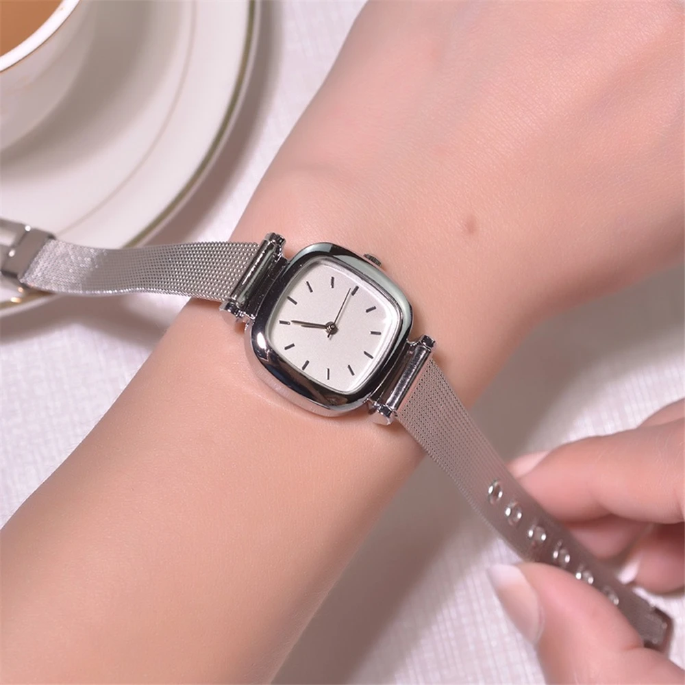 fashion small square dial silver mesh steel quartz women lady watch