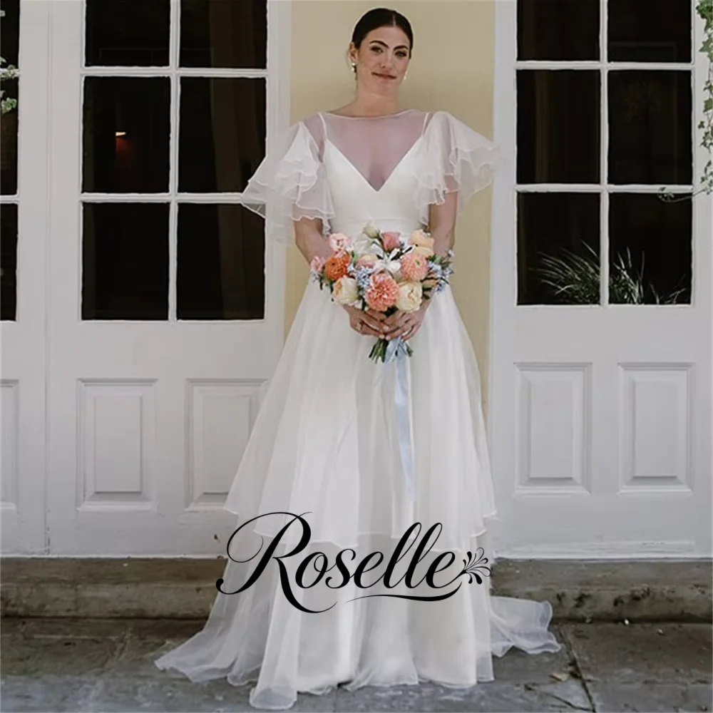 DREAM Customized Organza Short Butterfly Sleeves Wedding Dress A Line Tiered Skirt Backless Floor Length Bridal Gowns 2026