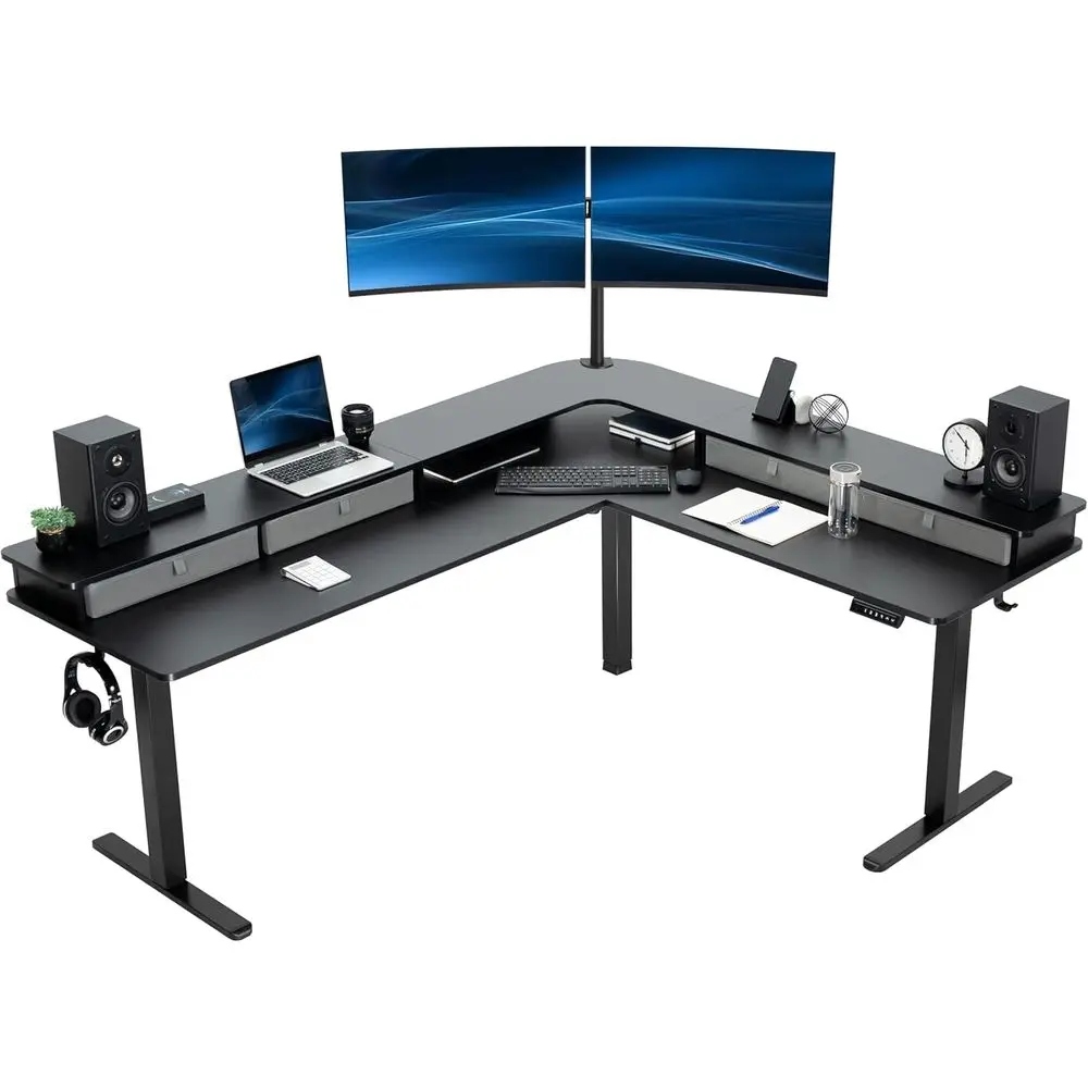 

Electric Mobile 75 x 63 inch 2 Tier Stand Up L-Shaped Desk, Height Adjustable, Memory Controller, Storage Ders, Black Top Black