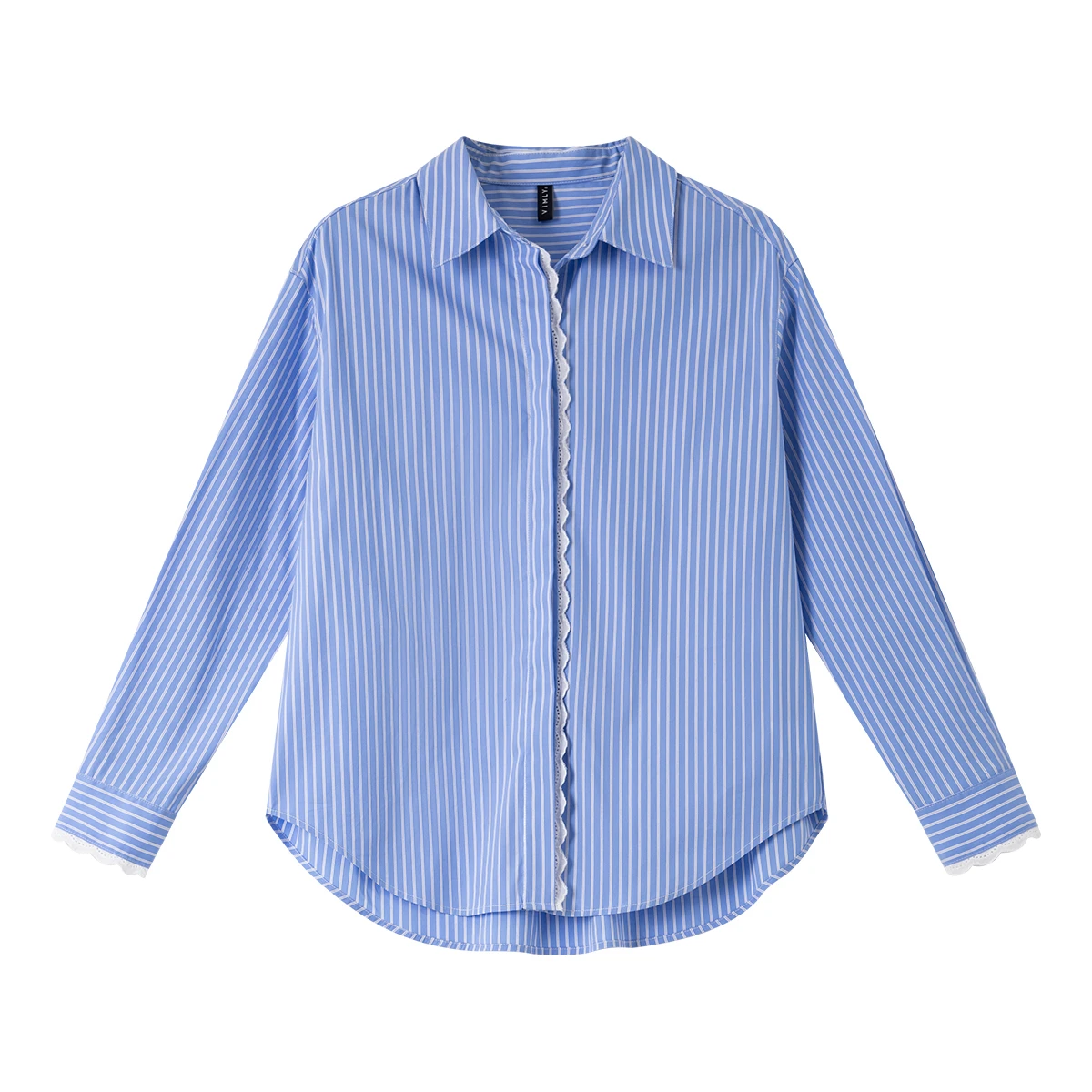VIMLY bleu rayé chemise 2025 automne femmes à manches longues col Polo tenue de bureau femme Blouse dentelle boutonné dames chemises A2201
