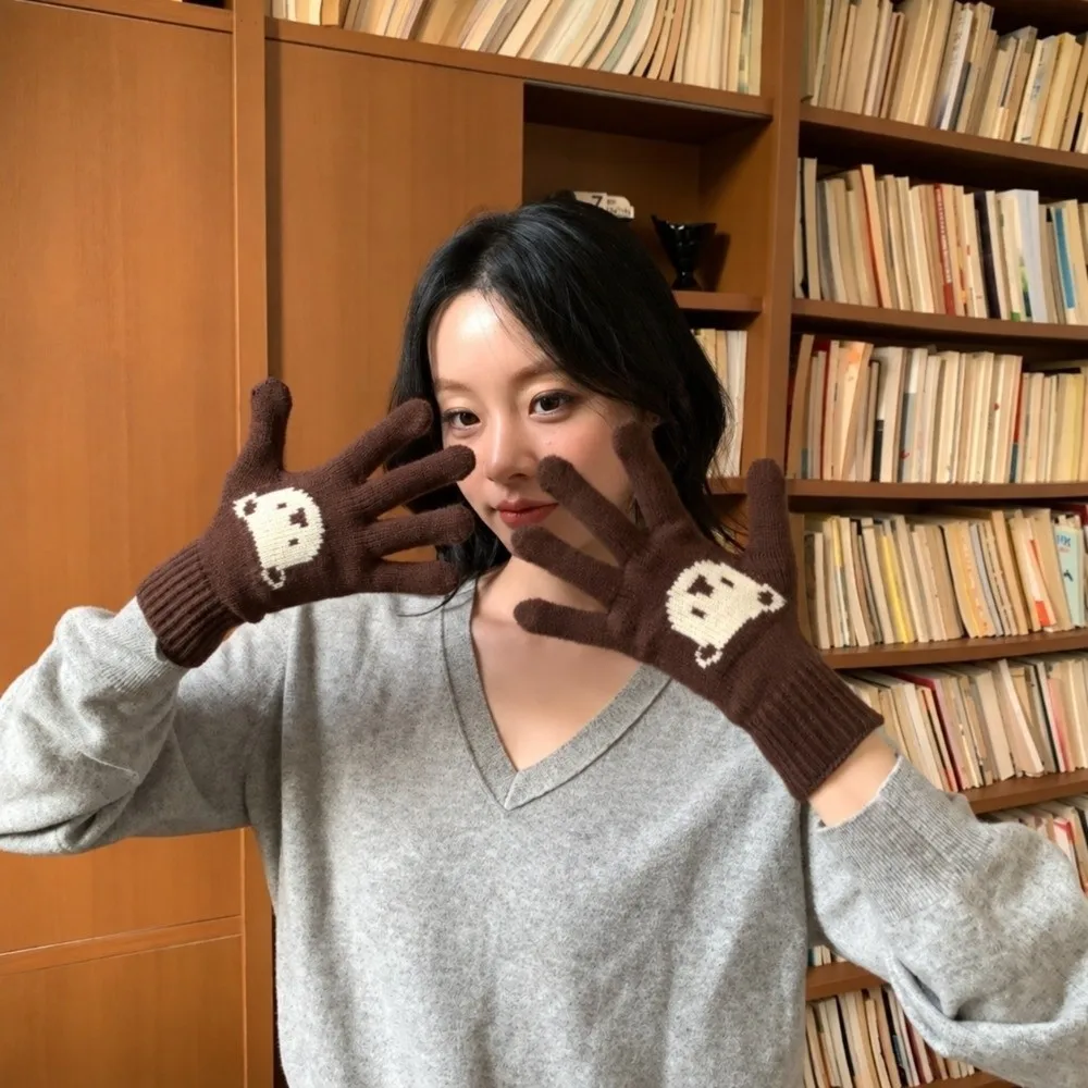 Comfortable Polyester Touch Screen Gloves Warm Lining Stretchable Cartoon Bear Gloves One Tip Knitted Gloves For Women