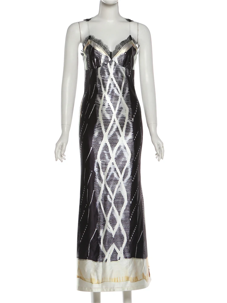 Nibber Stretch-Kleid für Damen, Streifendruck, Schlinge, Spitze, Patchwork, tiefer Ausschnitt, ärmellos, dünn, Straße, sexy, modischer Stil, lang, figurbetont