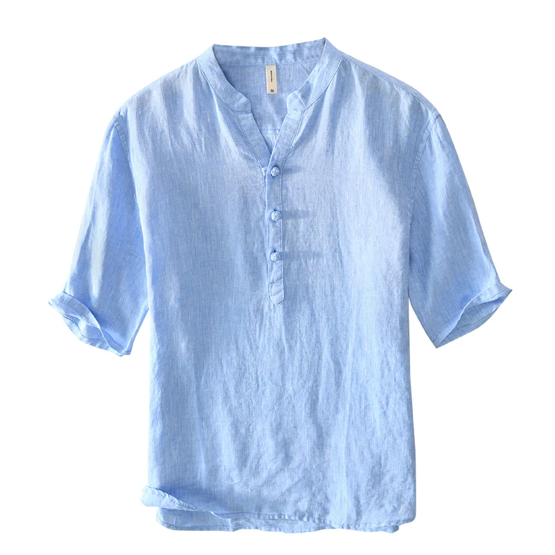 

100% Linen stand collar Designer shirts men brand blue shirt mens fashion solid shirt for men casual breathable shirts male