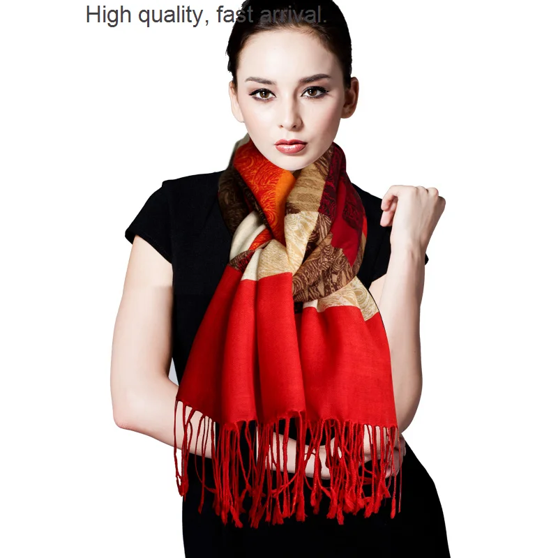 Wool Scarf Zhijinlou Female Winter Thin Type All-Match Red, Long Scarf Plaid Warm Shawl Dual-Use Autumn and Winter