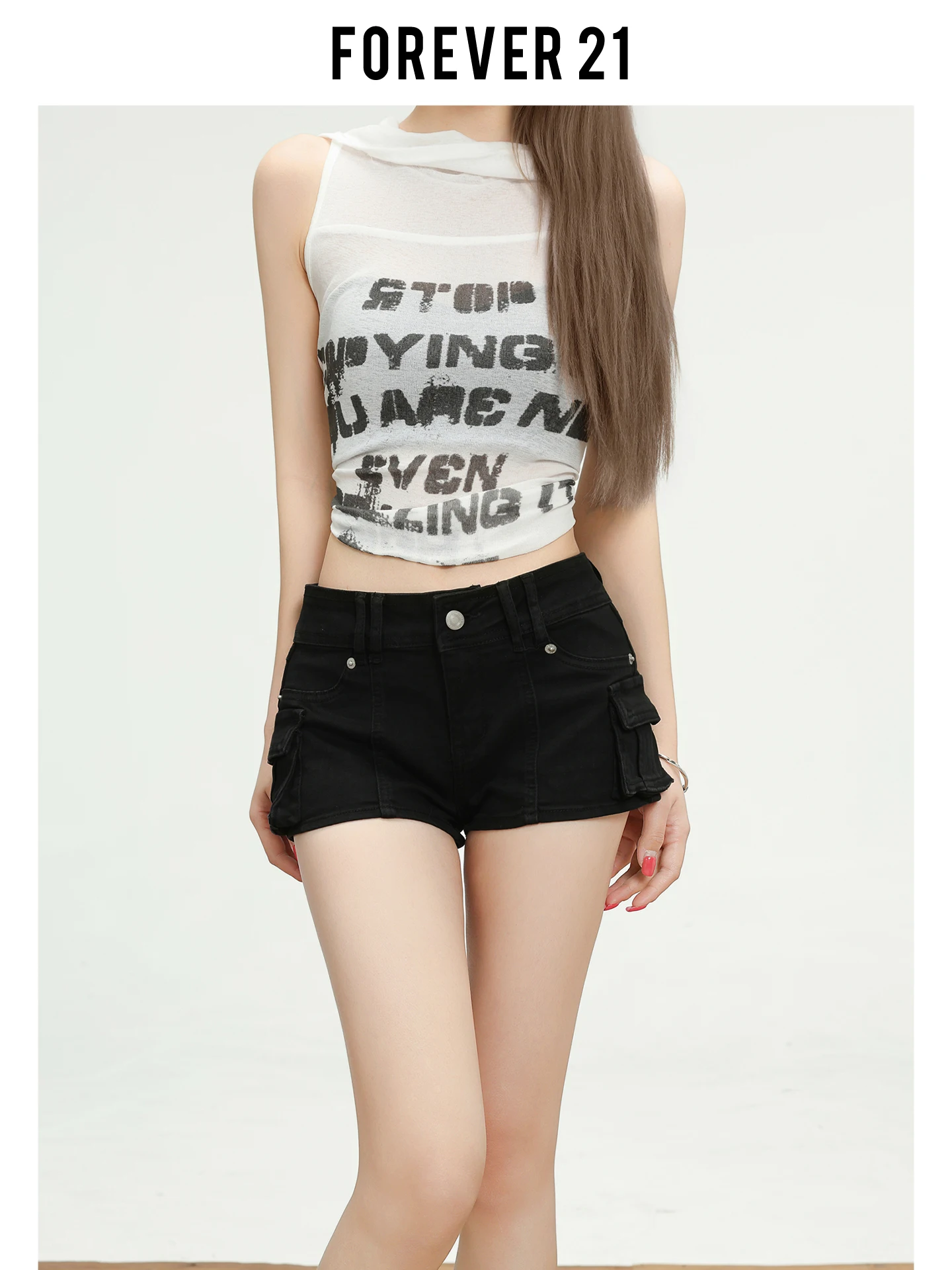 Shorts de Mezclilla Negros de Cintura Alta Forever 21 para Mujer, Pantalones Cortos Ajustados, Casuales y Cómodos para Primavera