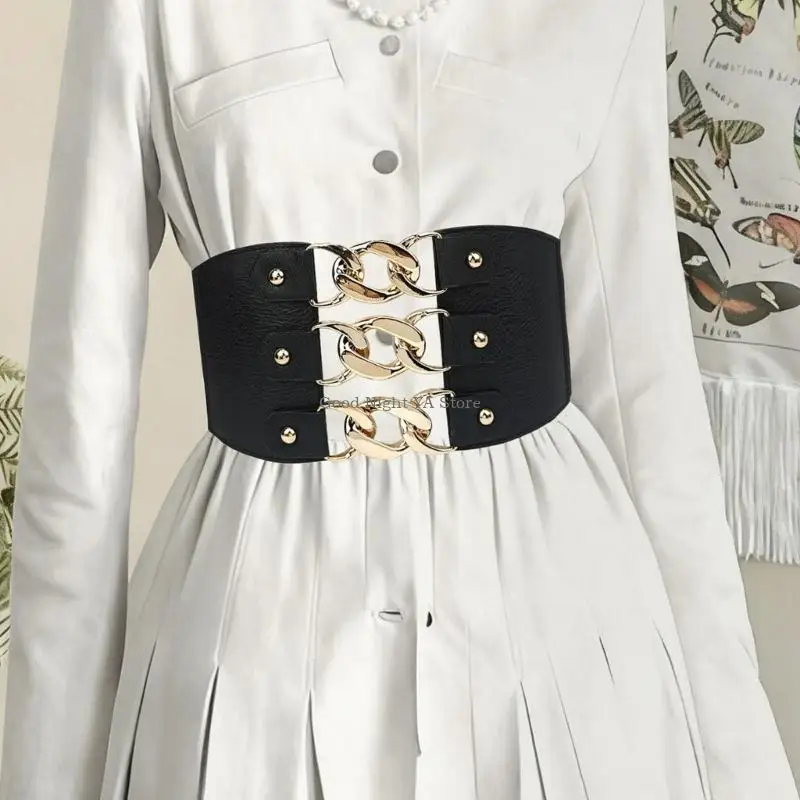 حزام خصر مطاطي سهل الارتداء من جلد البولي يوريثان، حزام عريض لسيدة المكتب