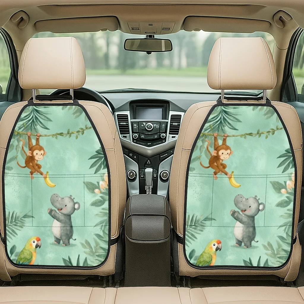 2pcs 2D Printed Car Seat Back Protector Pads, Monkey Swinging Vine Banana Falling Hippo Laughing Parrot Watching Theme Pattern P
