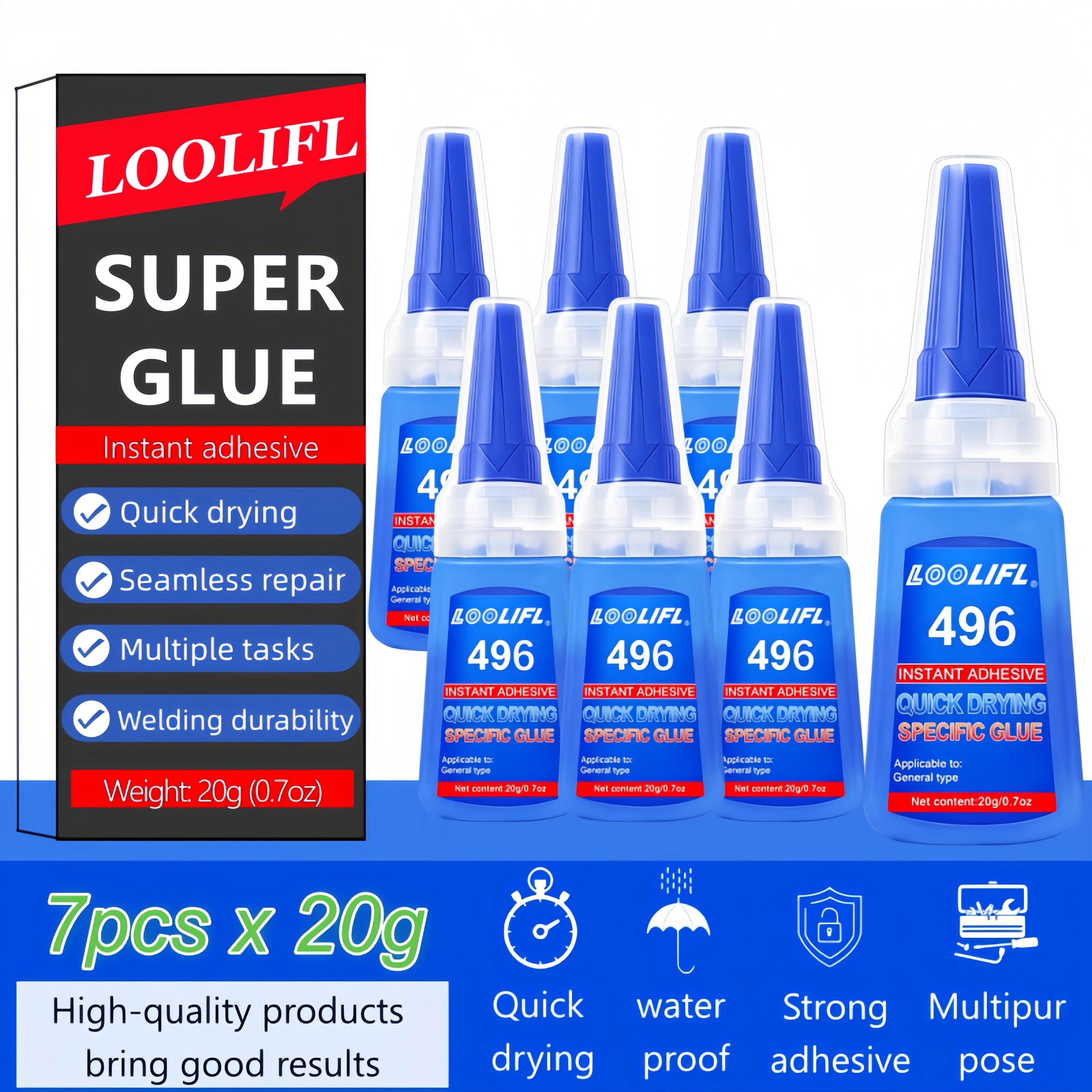 1-7 pieces of universal strong adhesive cyanoacrylate glue, 20 grams, instant-drying, fast bonding, anti-opening design, suitable for rubber, wood, glass, 3D printed parts, invisible transparent glue stick