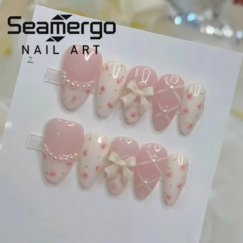 

10PCS Cream Pink Almond Handmade Press on Nails 3D Bowknot Sweet Floral Glossy French False Nails with Pearl Ins Nail Tips Patch