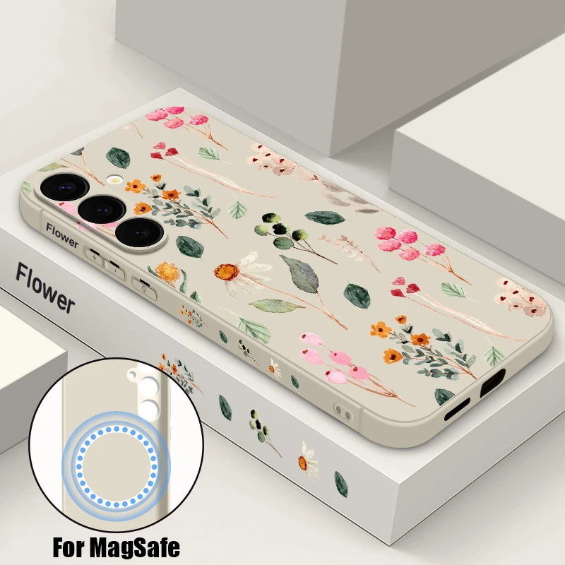 Flower Magnetic Soft Phone Case For Samsung Galaxy S25 FE S26 S24 S23 S22 Ultra Plus For Magsafe Wireless Charge Lanyard Cover