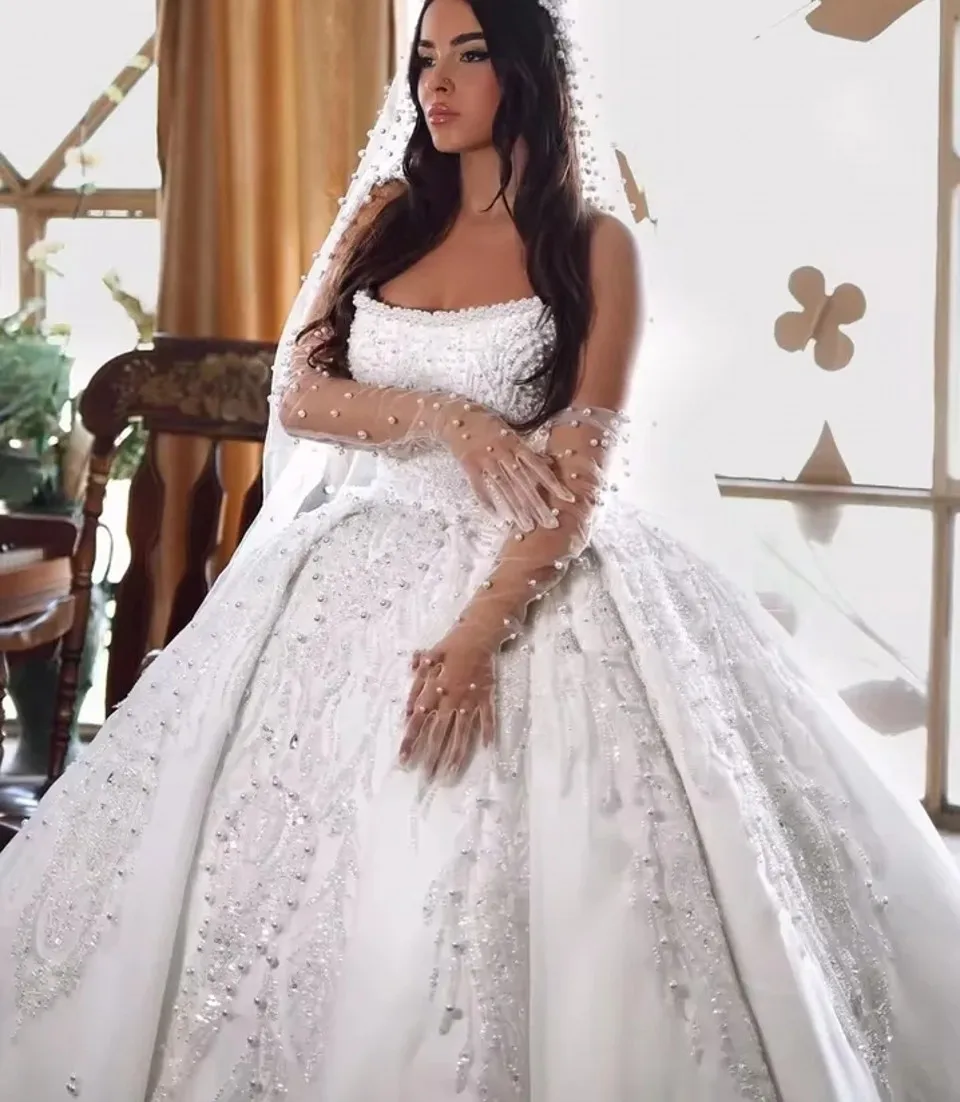 

Luxury Beading Pearls Ball Gown Wedding Dress Lace Off Shoulder Strapless Princess Bridal Gowns Arabic Dubai Vestidos De Noiva