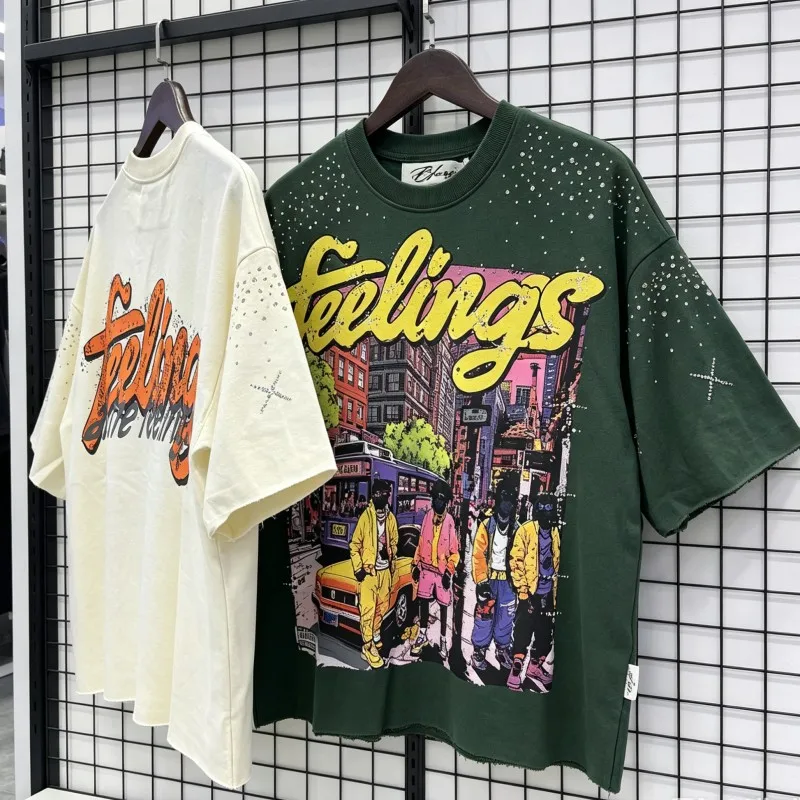 

Hip Hop Street Portrait Graffiti Print BKYS Tshirts Summer Men Women Outfit Rhinestone Cut Sleeves Round Neck Short Sleeve Tops