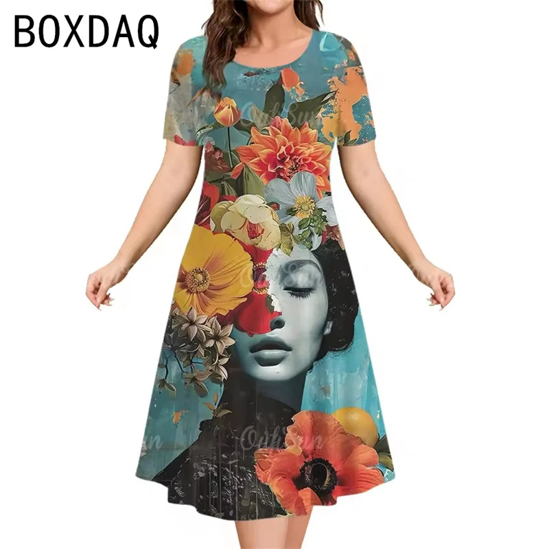 

Европейское/американское винтажное платье с портретом лица и цветочным принтом, модное повседневное повседневное платье трапециевидной формы, женское летнее платье с коротким рукавом и круглым вырезом