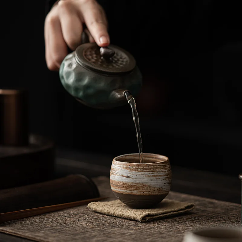 1pc Japanese Style Handmade Stoneware Tea Cup Kung Fu Tea Set Tea Cup Small Single Cup Ancient Style Quiet Road Cup Bowl Teacup