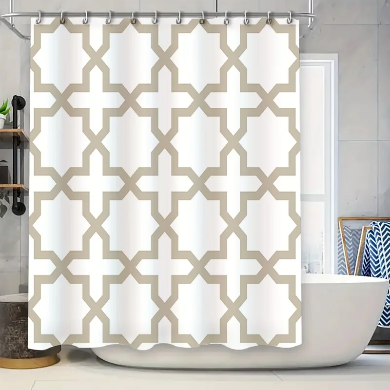 Cortina de ducha geométrica moderna, cortinas de ducha impermeables de tela con patrón de Matelassé de baño blanco y Beige para decoración de baño (tamaño: 7