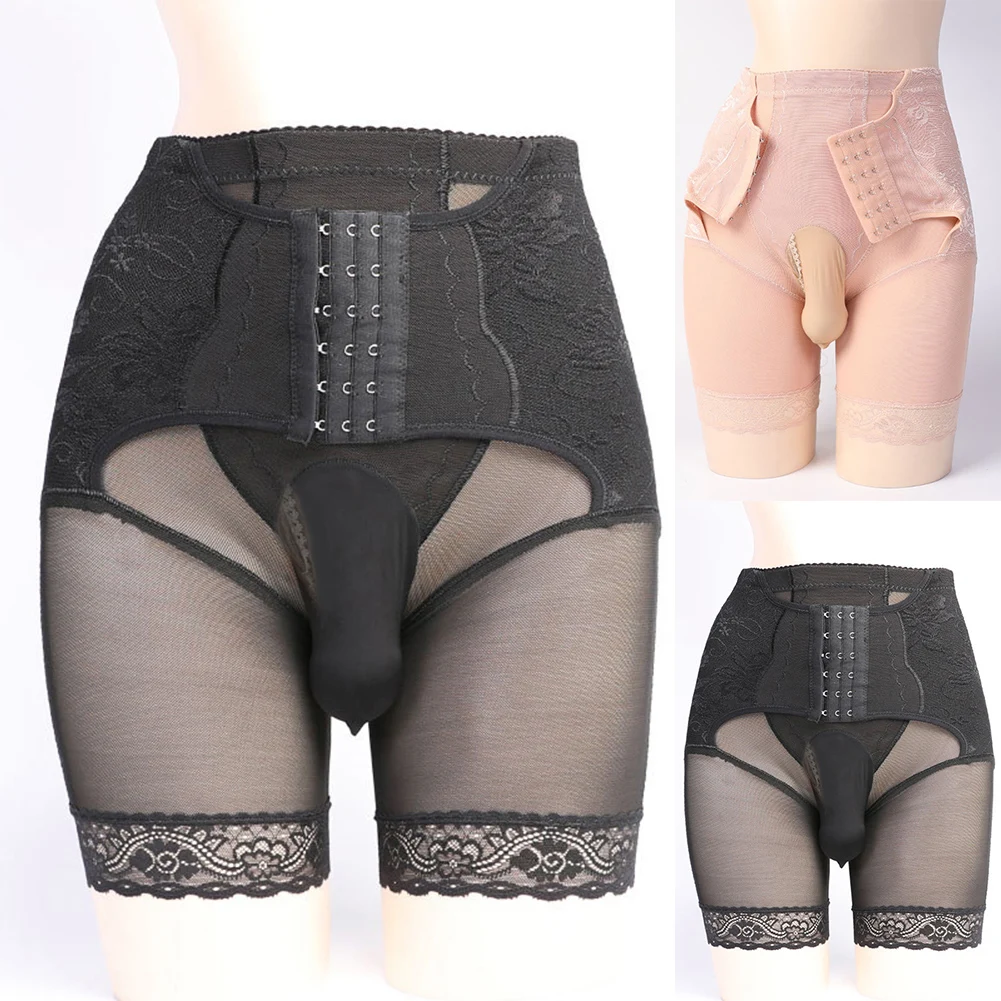 Calcinha Sissy Masculina, Body Shaper, Calcinha Controle, Button-up, Cintura Alta, Levantador de Bumbum, Shapewear, Renda, Transparente, Desgaste de