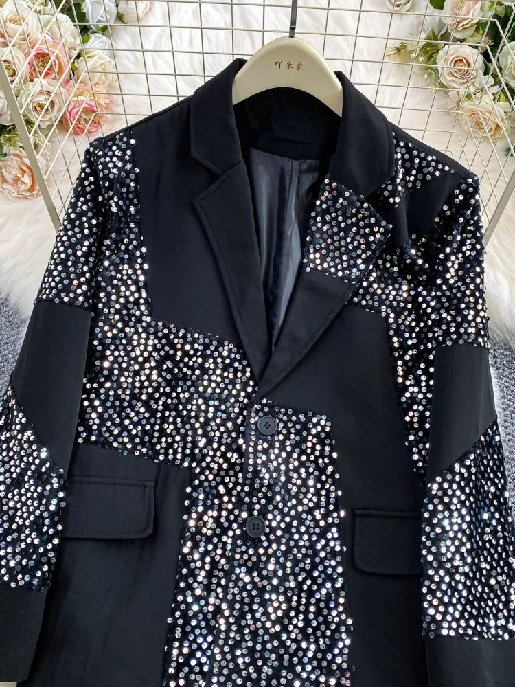 Giacca da donna casual con colletto rovesciato, vestibilità ampia, con paillettes, giacca monopetto a maniche lunghe, cappotto invernale da donna alla moda