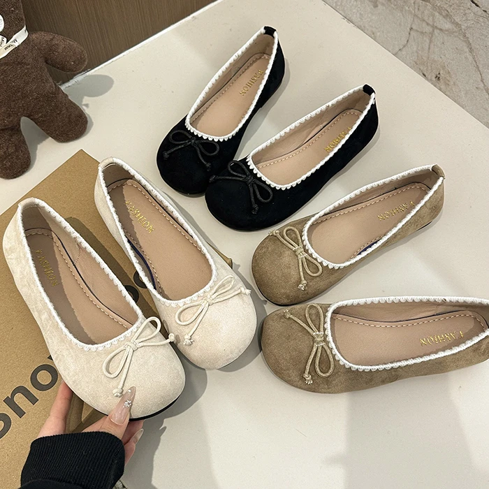 

2026 New Woman Casual Round Head Bow Flats Flock Ballerina Church Flats Female Suede Elegant Soft Sole Women Shoes