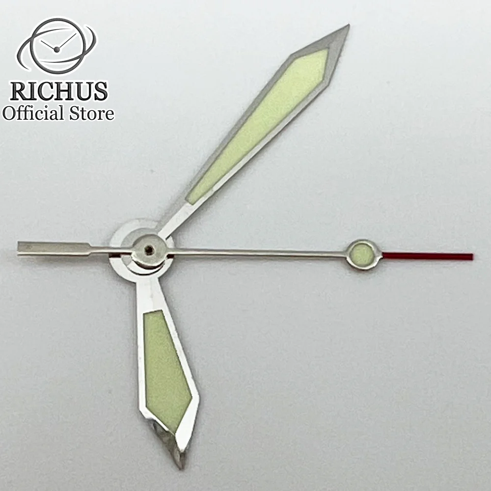 RICHUS srebrne wskazówki zegarka zielone świecące wskazówki pasują do mechanizmu Miyota 8205 8215 821A Mingzhu DG2813 3804 Seagull ST1612
