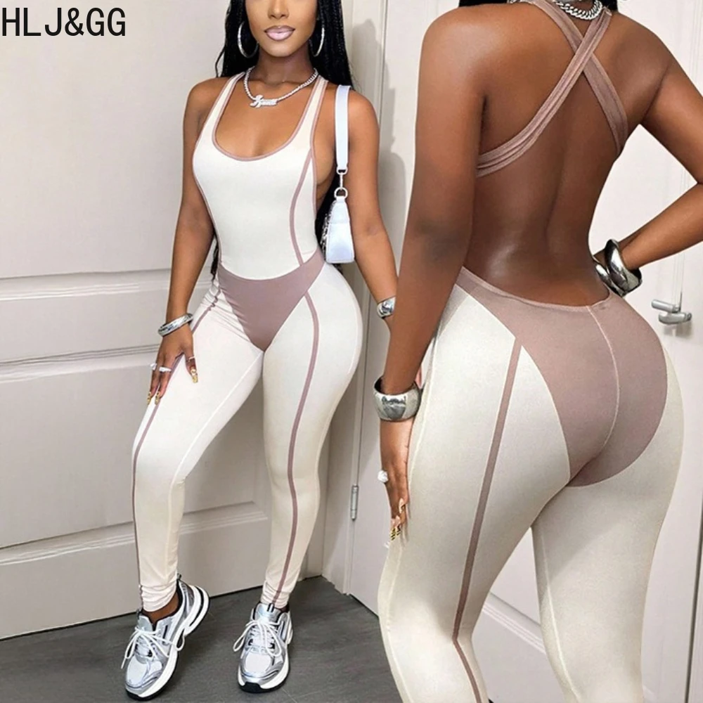 

HLJ&GG White Spring New Color Splicing Bodycon One Piece Jumpsuits Women Sleeveless Backless Slim Sporty Playsuit Casual Overall