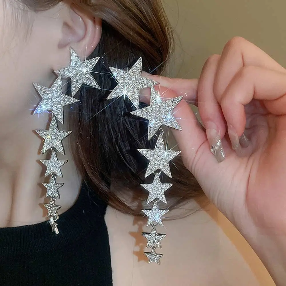 

1 Pair Inlaid Rhinestone Rhinestone Earrings Light Weight Silver Star Drop Earrings Bling Star Tassel Earrings Women Jewelry