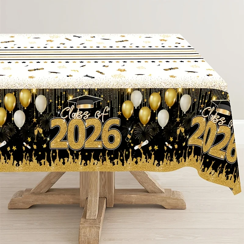 1pc, Graduation Plastic Table Cover, And Golden Class of 2026 with Balloon Design, Rectangular Disposable Tablecloth, Graduation