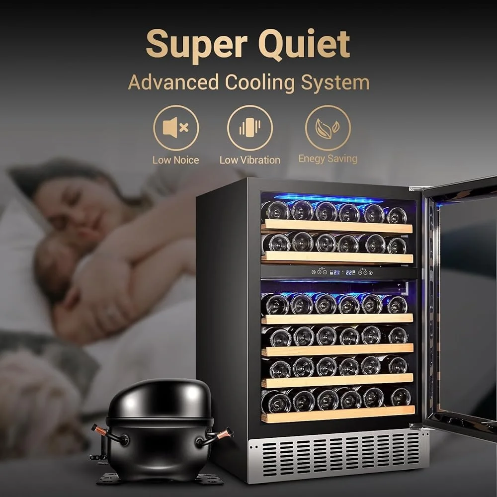 46 Bottles Dual Zone Wine Cooler Fridge Freestanding Built-in Refrigeration with Blue LED Light Quiet Compressor and UV