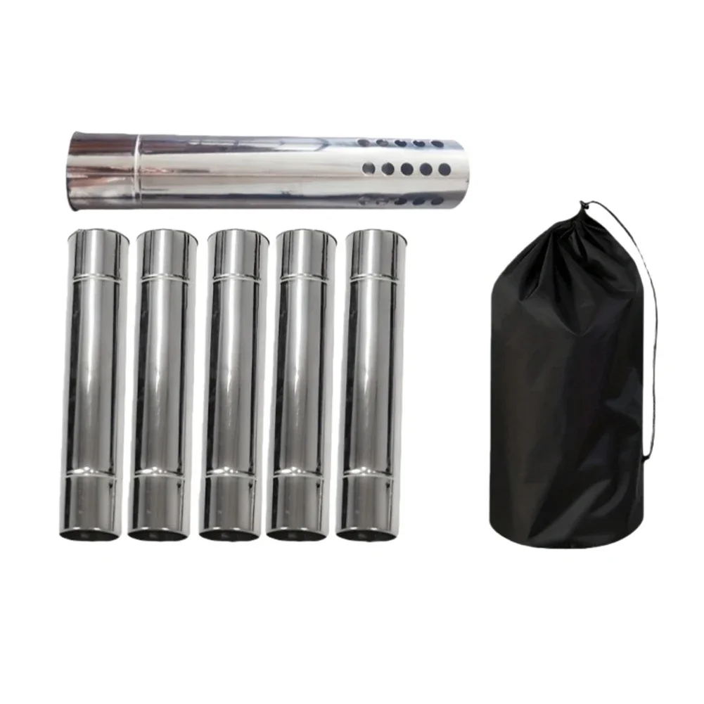 Camping Tent Wood Stove Chimney Pipe Kit 5 Pieces with Spark Arrestor 30cm Length 6cm Diameter Stainless Steel