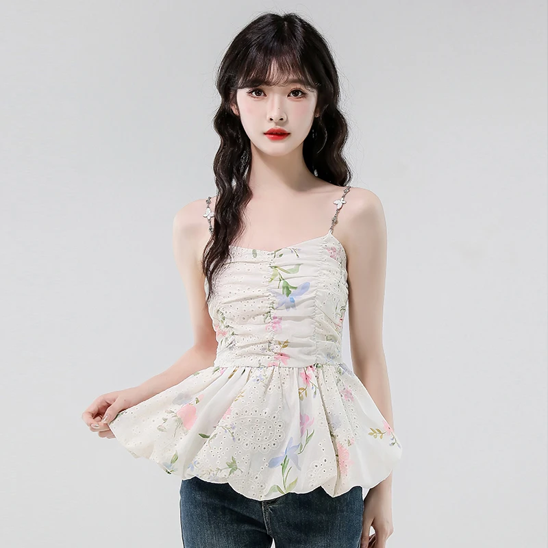 Elegant Gradient Print Lace Halter Top Women's Summer Unique Design Delicate Blouse Sweet Style Floral Pattern Polyester Fiber