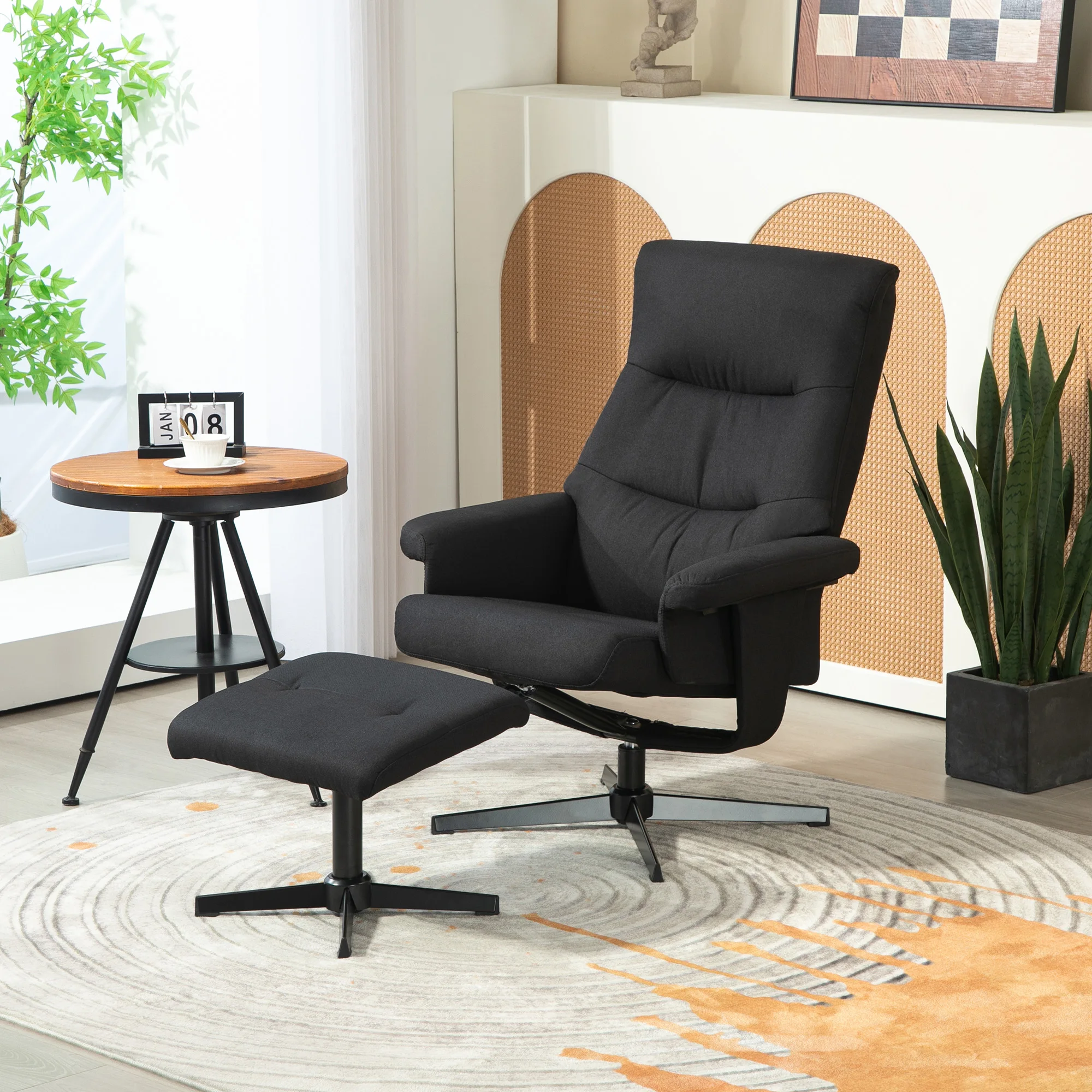 HOMCOM Relaxsessel mit Hocker, Gepolstert Fernsehsessel mit Liegefunktion, Wippfunktion, Drehbar Liegesessel mit Samtoptik, für Wohnzimmer, Schlafzimmer, Schwarz