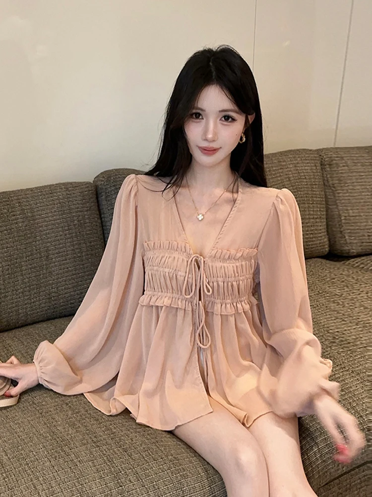 

Gentle Wind V-Neck Pleated Shirt with Button Loose Air Conditioning Sun Protection Clothing Wooden Design Casual Women's...