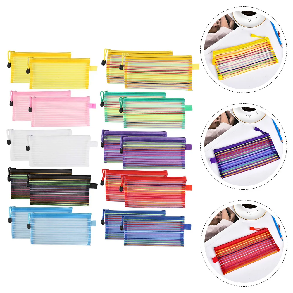 

20 Pcs Colorful Nylon Mesh Bag Daily Use Pencil Case Students Zipper Stationery Supplies Pouch Canvas Wear-resistant Simple