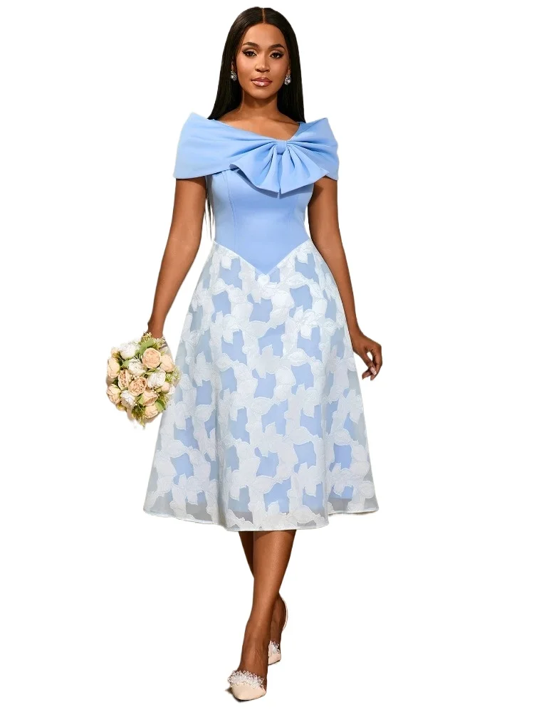 Elegant Off-Shoulder Midi Dress Contrast Blue Bow Bodice Camo Print Skirt A Line Perfect for Garden Parties and Chic Gatherings