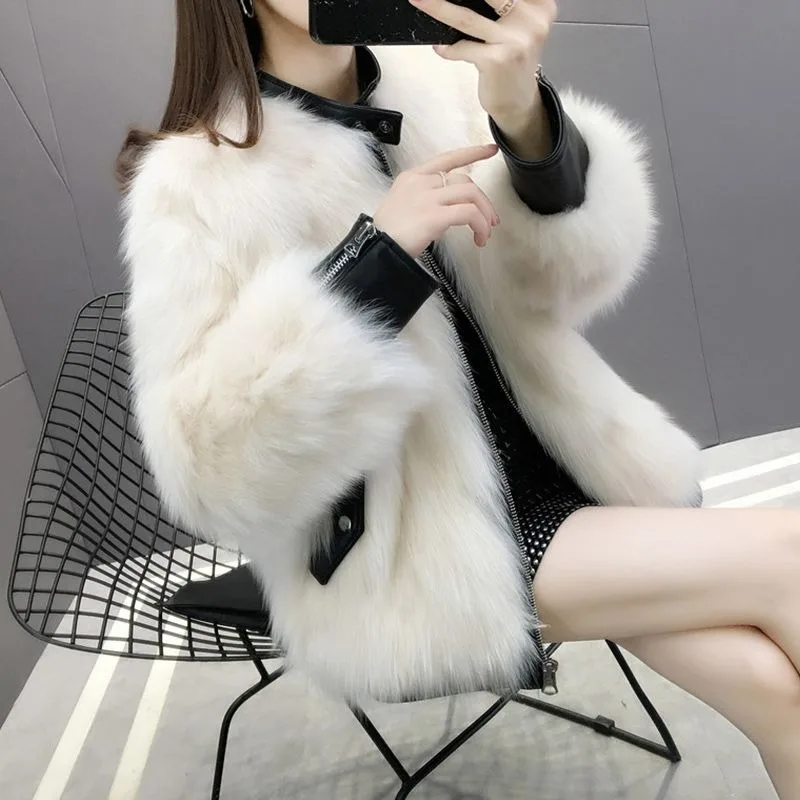 2023 New Faux Fox Skin Coat Women's Short PU Leather Standing Collar Long Sleeve Loose Winter Jacket Women's Fashion Coat