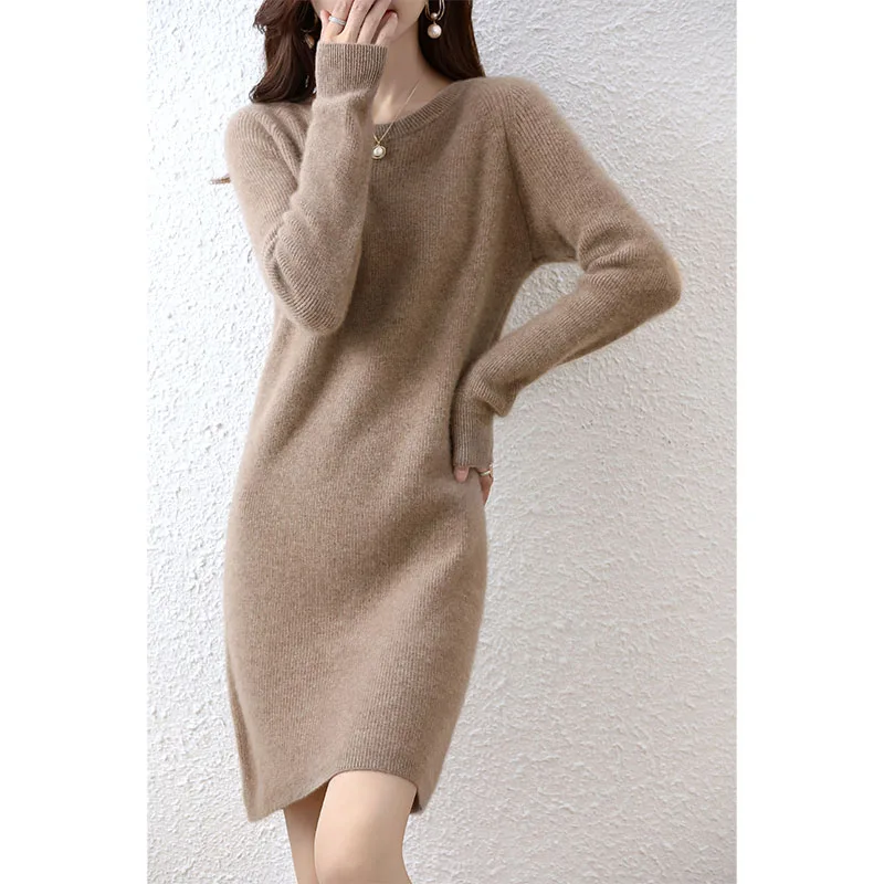 2022 Autumn Winter New Women Fashion Dress 100% Wool Warm Sweater Dress Long Sleeve Knitted Pullover Female Casual Dresses