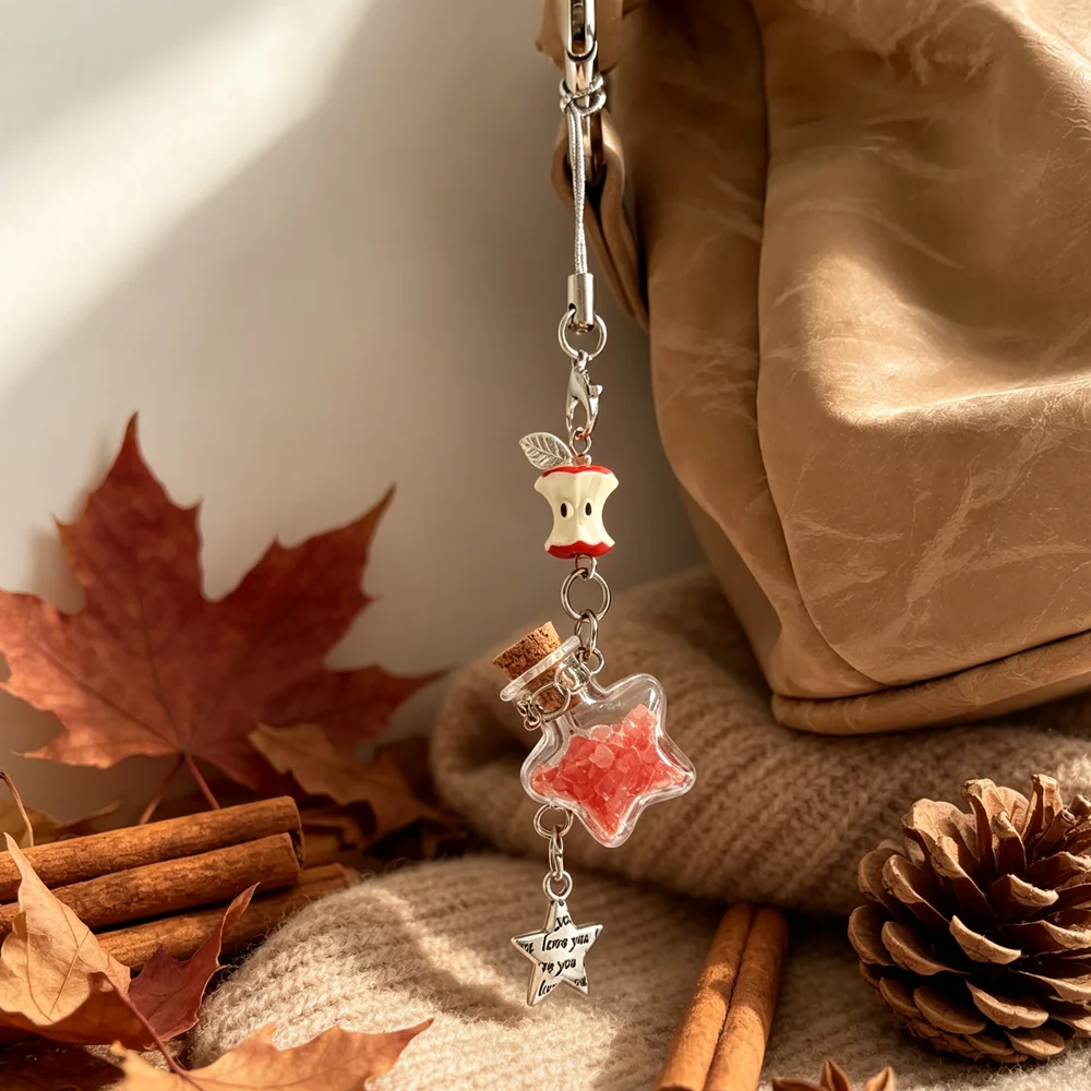 Handmade Red Apple Wishing Bottle Key Chain Cute Star Fruit Charm for CCD Phones Bags Card Hanging Pendant Keychain Key Ring