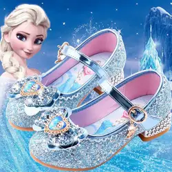 Mini nowe kreskówki dziewczyny na co dzień buty dziecięce buty na wysokim obcasie elsa księżniczka mrożona kreskówka kokardka skórzane buty