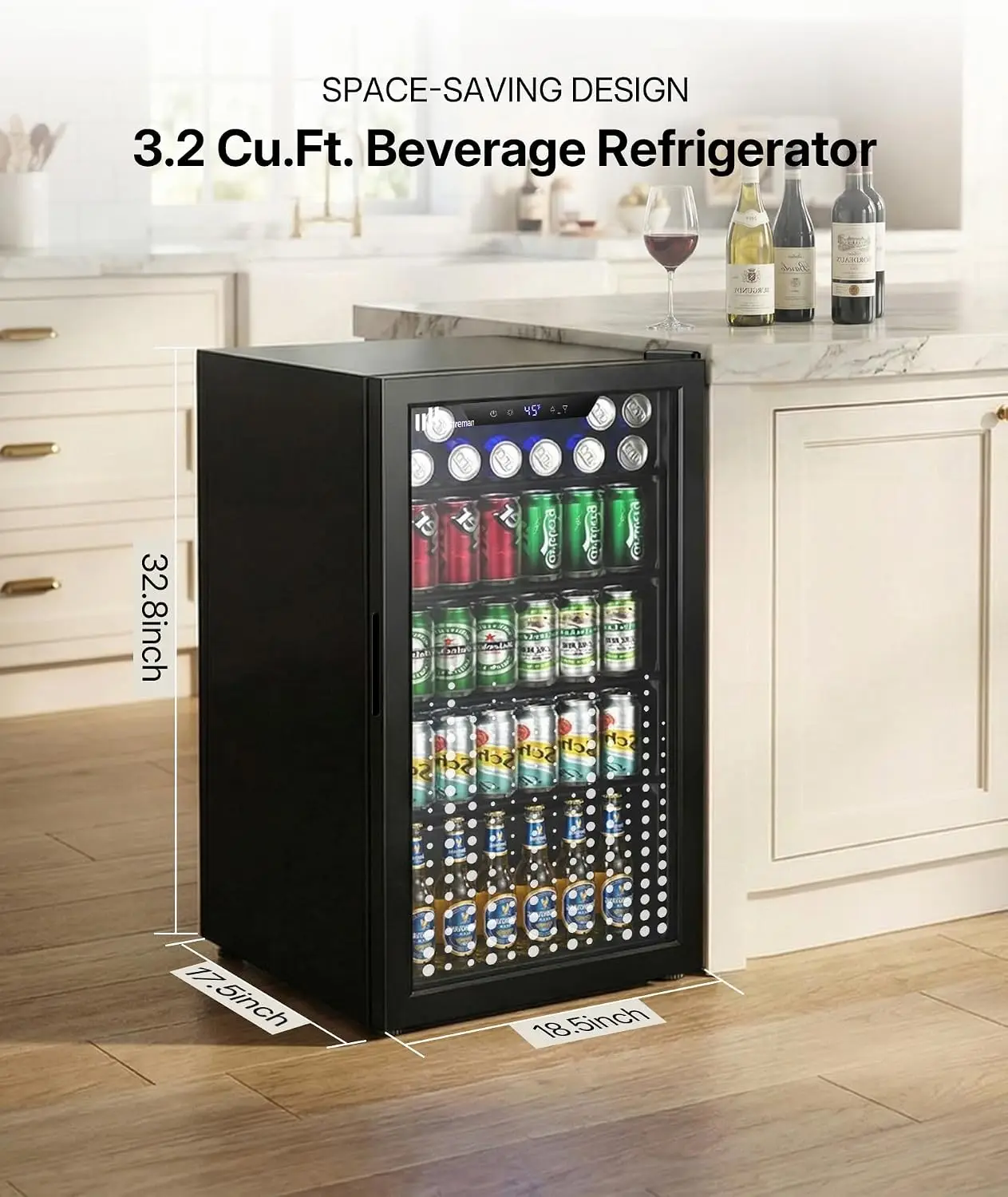 3.2 Cu.Ft Beverage Cooler, 126 Can Drink Fridge with Glass Door & Adjustable Temperature for Soda Wine Beer, Home Bar,Customized