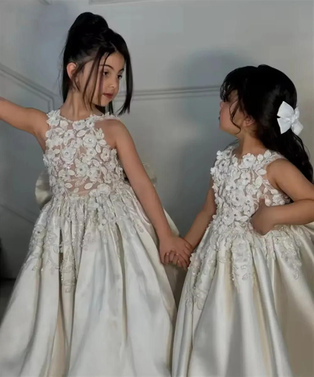 فستان مخصص للفتيات من الساتان JDY مزين بالزهور على شكل حرف a ورقبة رسن فستان حفلات أعياد ميلاد الطفل فستان حفلات المشاهير #5