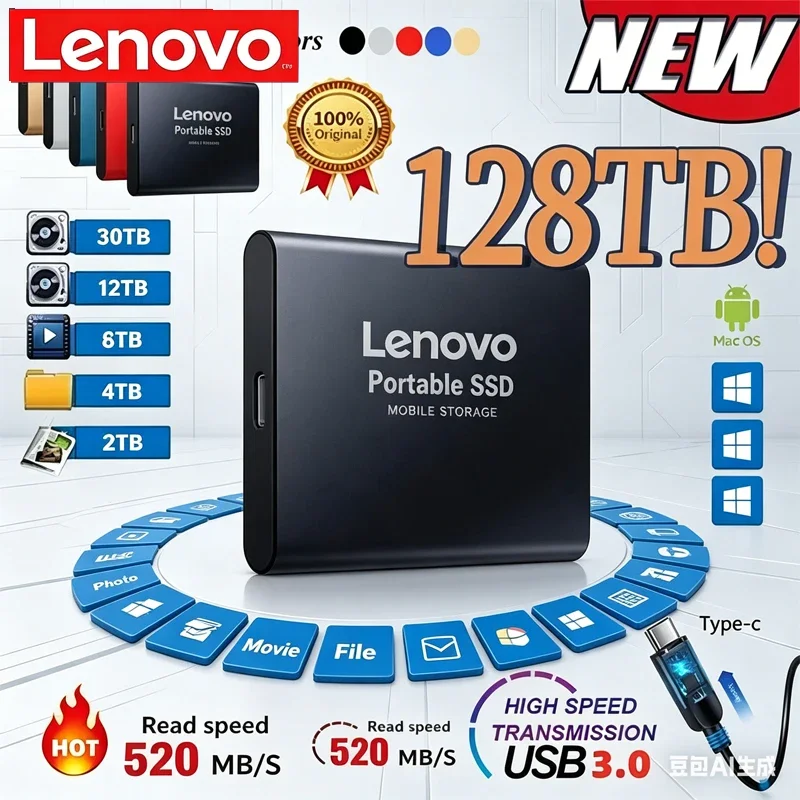 

Внешний жесткий диск Lenovo 1 ТБ, высокоскоростной жесткий диск 2 ТБ, портативный SSD USB 3.1 256 ТБ, твердотельный накопитель 128 ТБ для ПК/ноутбука/Mac/телефона