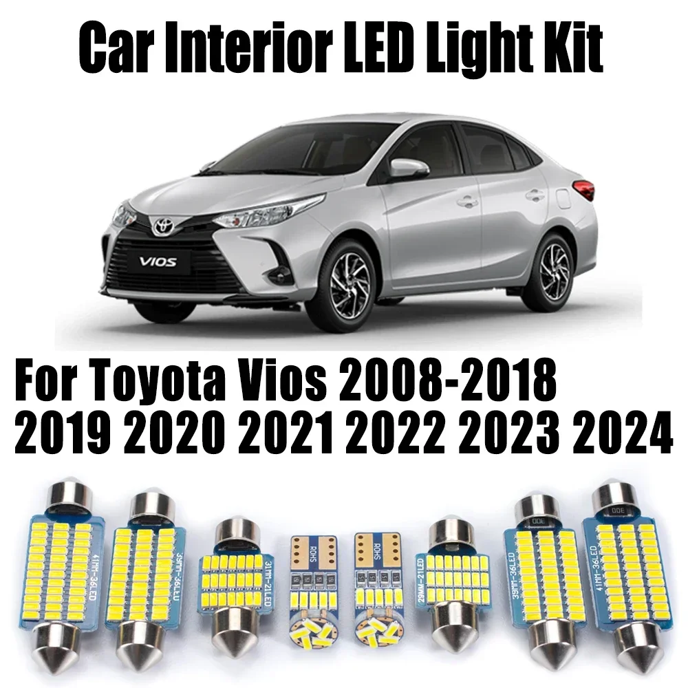9Pcs LED Lighting Interior Ceiling Dome Light Kit For Toyota Vios 2008- 2018 2019 2020 2021 2022 2023 2024 Car Number Plate Bulb