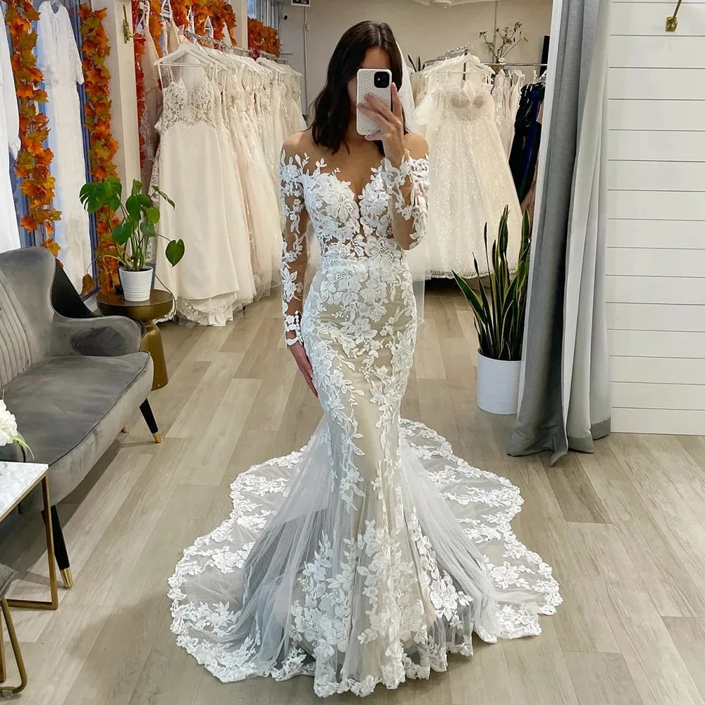 

Elegant Sheer O-neck Mermaid Wedding Dress Long Sleeves Appliques Tulle Sweep Train Bridal Gown Boho vestidos de novia