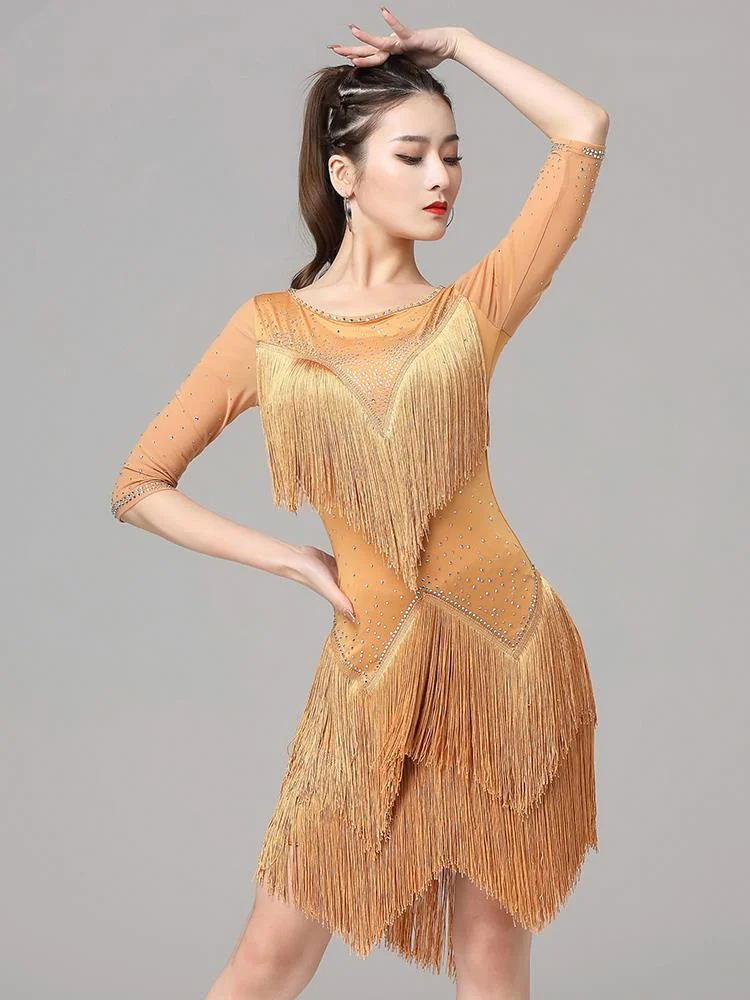 Robe de spectacle de danse latine pour femmes, robe de compétition de rumba, robe de performance de groupe adulte, robe de gland, nouveau, 2023