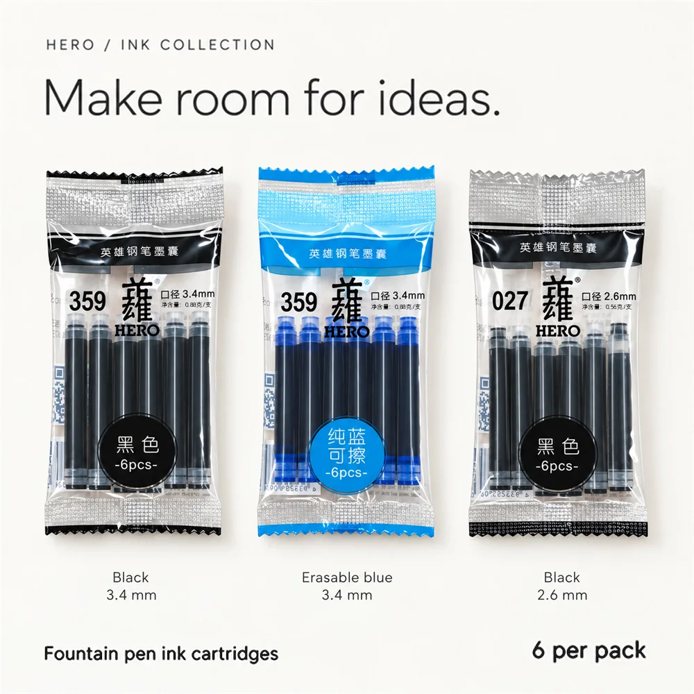 6PCS HERO Fountain Pen Ink Cartridge Universal 2.6mm 3.4mm Non-carbon Ink Sac Refill, Black or Blue Optional - view 6