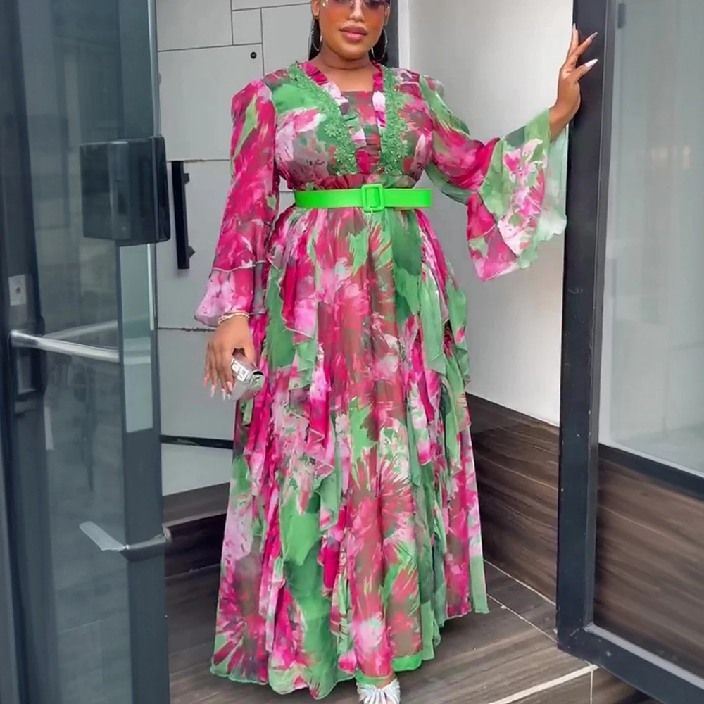 

Plus Size African Dresses for Women 2025 New Print Square Neck Full Sleeve Ruffles Fashion Dashiki Ankara Wedding Party Dress