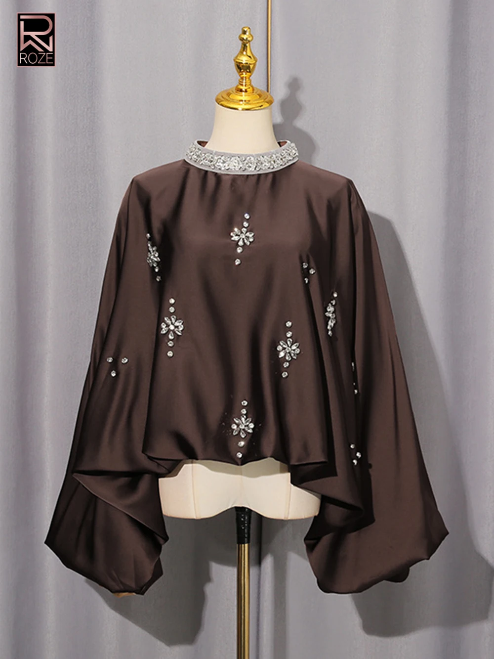 

High Quality Elegant Diamond Loose Shirt 2025 Autumn New Item Lantern Sleeve Design Sense Top For Women Blouse